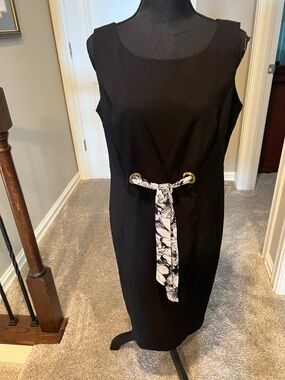 Signature by Robbie Bee Black Midi Sheath Dress with Black-and-White Floral Tie